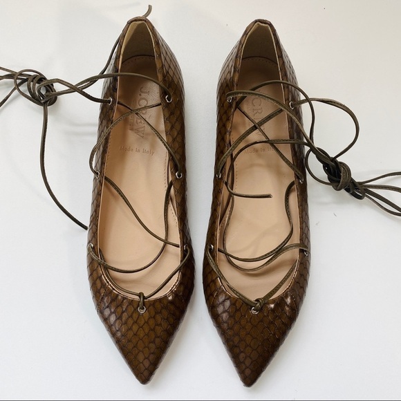 Jcrew snake skin emboss point toe brown flats NEW - Picture 2 of 7